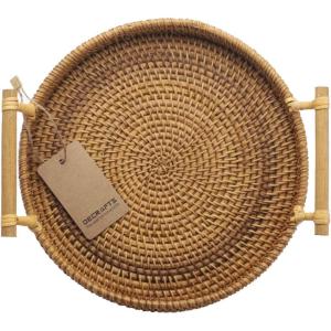 imageDECRAFTS Round Rattan Tray Woven Bread Basket with Handles Small Cracker Tray for Serving Dinner Parties Coffee Table Tea Natural 11 inches Diameter11 inch