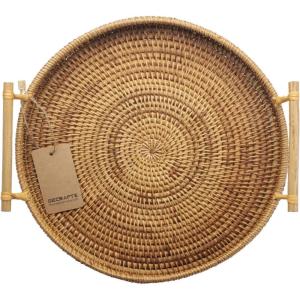 imageDECRAFTS Round Rattan Tray Woven Bread Basket with Handles Small Cracker Tray for Serving Dinner Parties Coffee Table Tea Natural 11 inches Diameter126 inch