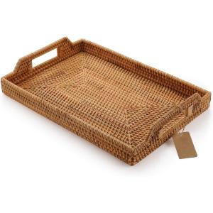 imageHandWoven Rattan Rectangular Serving Tray with Handles for Breakfast Drinks Snack for Coffee Table 145x102x14inches17x114x18inches