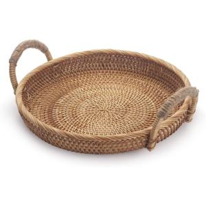 imageRattan Round Fruit Basket for Table Wicker Bread Tray with Handle for Serving Food Crackers Snacks 11inch D x 18inch HNatural