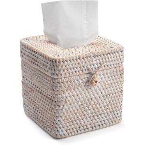 imageRattan Tissue Box Cover Natural Woven Facial Napkin Holder Square with Lid 57 x 57 x 55 Inch NaturalWhite