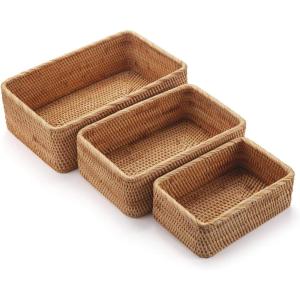 imageRound Rattan Fruit Baskets Woven Storage Bowls Key Holder Stackable for Shelf Kitchen Tabletop Natural Set of 3Rectangular