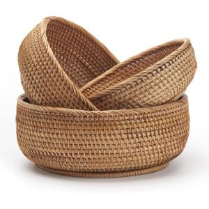 imageRound Rattan Fruit Baskets Woven Storage Bowls Key Holder Stackable for Shelf Kitchen Tabletop Natural Set of 3Round