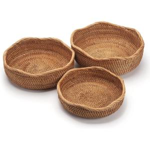imageRound Rattan Fruit Baskets Woven Storage Bowls Key Holder Stackable for Shelf Kitchen Tabletop Natural Set of 3Wave