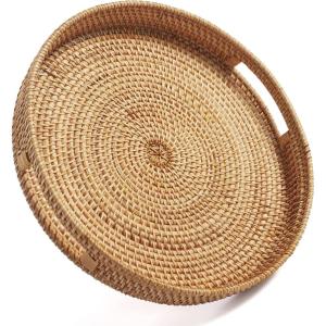 imageRound Rattan Serving Tray Decorative Woven Ottoman Trays with Handles for Coffee Table Natural Small 118 inch x 24 inchNatural