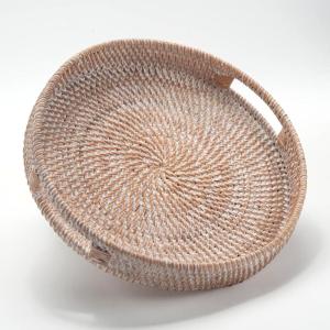 imageRound Rattan Serving Tray Decorative Woven Ottoman Trays with Handles for Coffee Table Natural Small 118 inch x 24 inchWhitewash