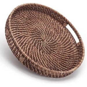 imageRound Rattan Woven Serving Tray with Handles Ottoman Tray for Breakfast Drinks Snacks for Coffee Table Home Decorative Honey Brown 138quotx2quotHoney Brown