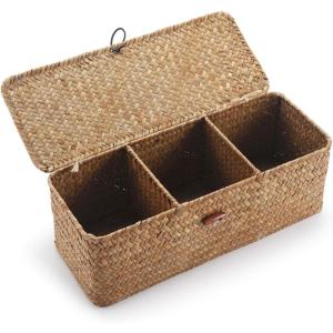 imageSeagrass Storage Basket with Lid Rectangular Small Woven Shelf Baskets with Sections for Organize Snack Toys WhitewashNatural 3 Sections