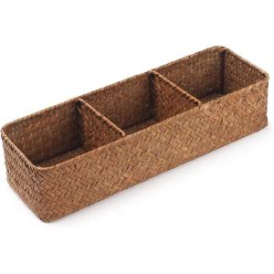 imageSeagrass Storage Basket with Lid Rectangular Small Woven Shelf Baskets with Sections for Organize Snack Toys WhitewashNatural 3 Sections without Lid