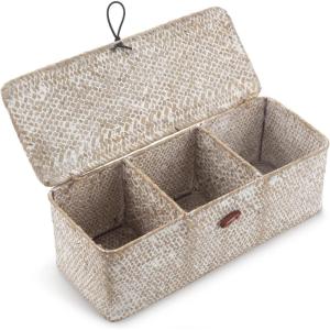imageSeagrass Storage Basket with Lid Rectangular Small Woven Shelf Baskets with Sections for Organize Snack Toys WhitewashWhitewash 3 Sections