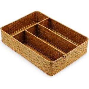 imageDECRAFTS Seagrass Storage Basket with Compartments Utensil Tray for Organization Silverware Flatware Rectangular Shelf Baskets with 4 Sections Natural