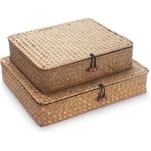 imageSeagrass Storage Basket Box with Lid Rectangular Woven Shelf Baskets Bins for Organize Snack Toys Set of 2 Natural DecorativeLargeSmallNatural