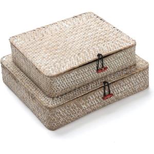 imageSeagrass Storage Basket Box with Lid Rectangular Woven Shelf Baskets Bins for Organize Snack Toys Set of 2 Natural DecorativeLargeSmallWhitewash