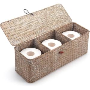 imageSeagrass Tank Basket with Lid Woven Toilet Roll Storage Basket with Sections Rectangular for Organize Snack Toys Tampon Large Compartment 165inch L x 55inch W x 55inch H NaturalWhitewash