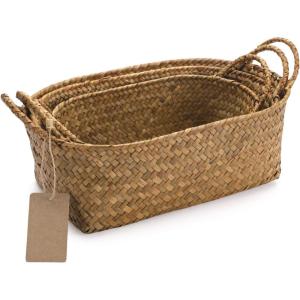 imageSeagrass Woven Baskets for Storage Natural Shelf Basket with Handle for Organizer Stackable Oval Set of 3 LargeMediumSmallNatural