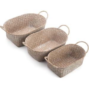 imageSeagrass Woven Baskets for Storage Natural Shelf Basket with Handle for Organizer Stackable Oval Set of 3 LargeMediumSmallWhitewash