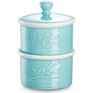 imageDOWAN Farmhouse 9 OZ Stacking Ceramic Salt and Pepper Bowls with Lid Turquoise Set of 2