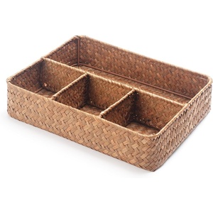 image:imageSeagrass Tea Bag Organizer Tray 4 Sections Coffee Sugar Packet Holder Divided Storage Basket for Drawer Shelf Countertop